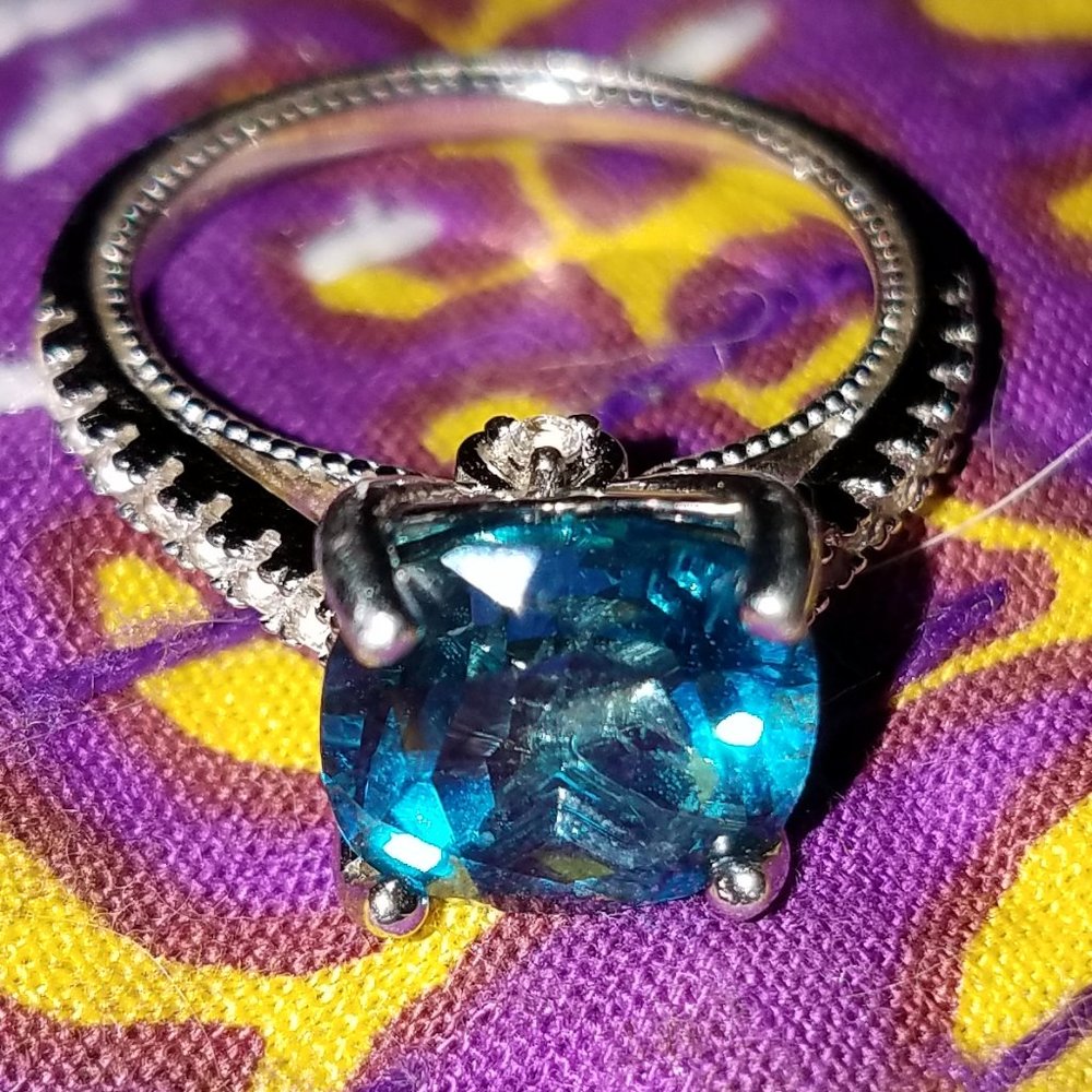 4 carat excellent London blue ring with cz sterling silver cushion shape